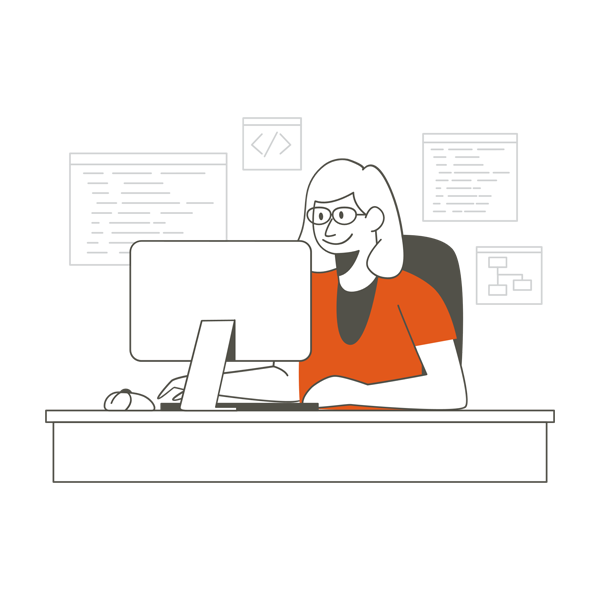 Ilustración con una traductora haciendo traducciones en el despacho con el ordenador