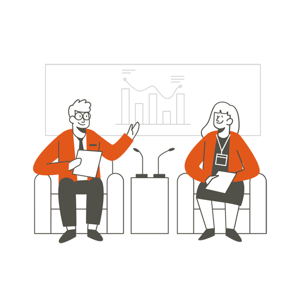 Ilustración con 2 personas dando una conferencia, con micrófonos