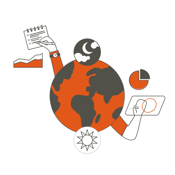 Ilustración de globo terráqueo con iconos a su alrededor
