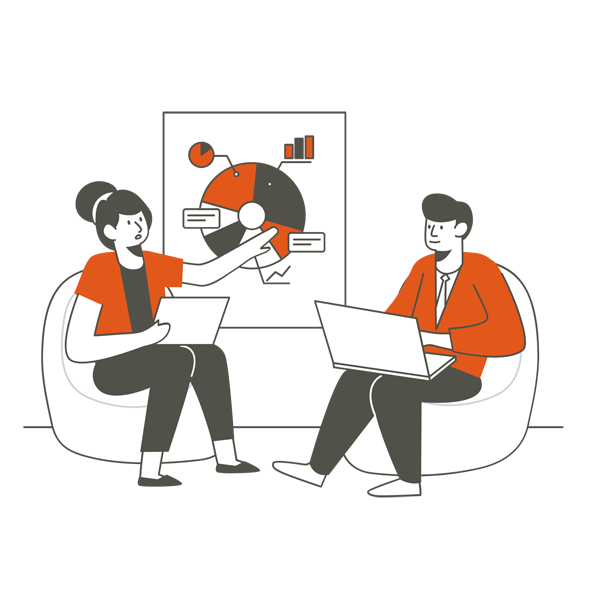 Ilustración de 2 personas en la oficina haciendo una presentación en una pizarra