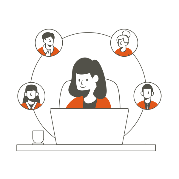 Ilustración de una chica delante del ordenador y haciendo videoconferencia